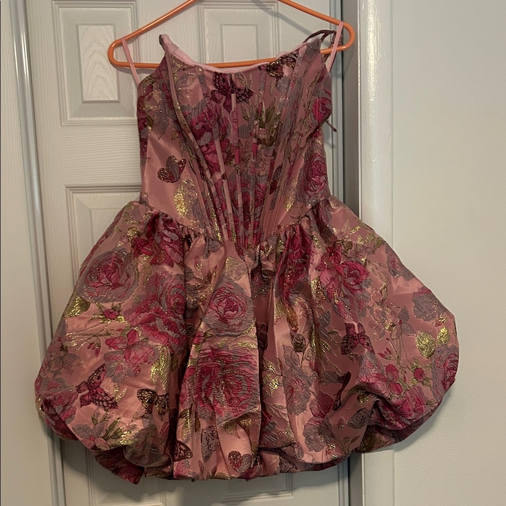 Pink Floral Metallic-Accent Bubble Party Dress